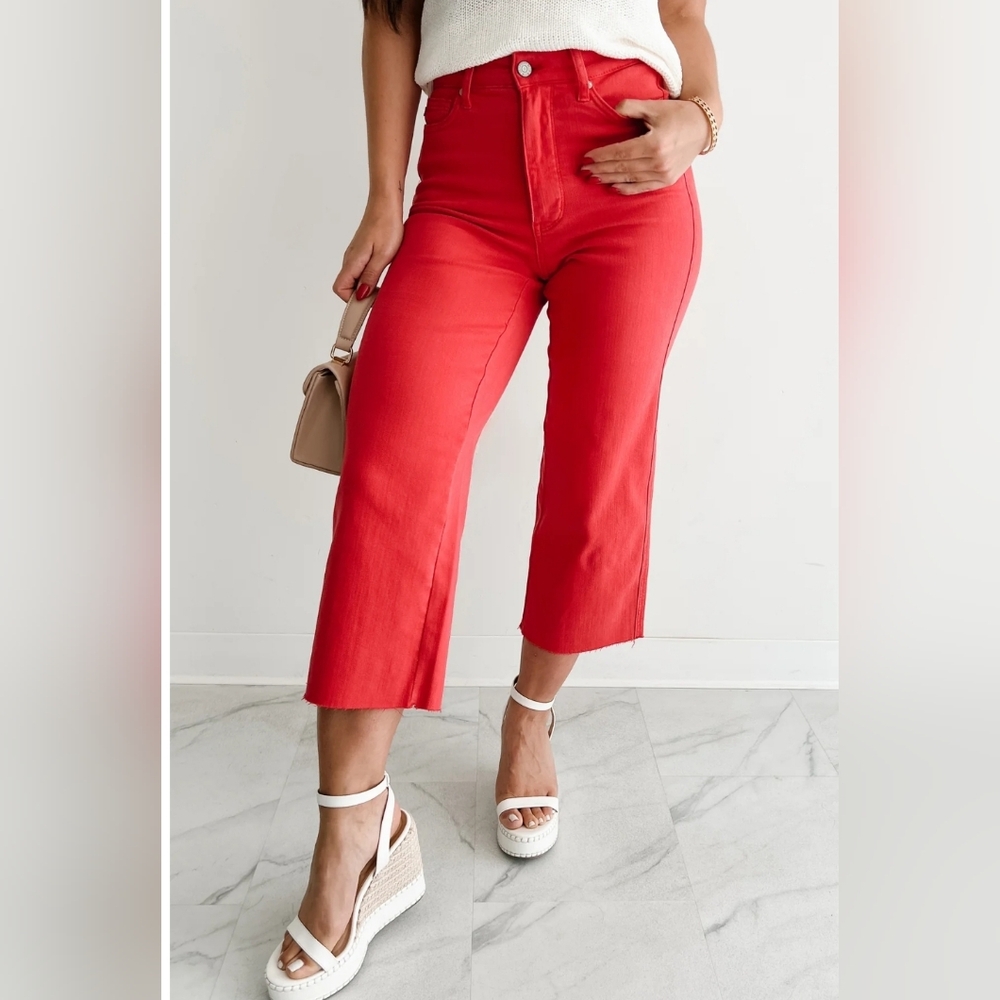 NWT Judy Blue Tummy Control Red Wide-Leg Crop Jeans Sz 11 (30)